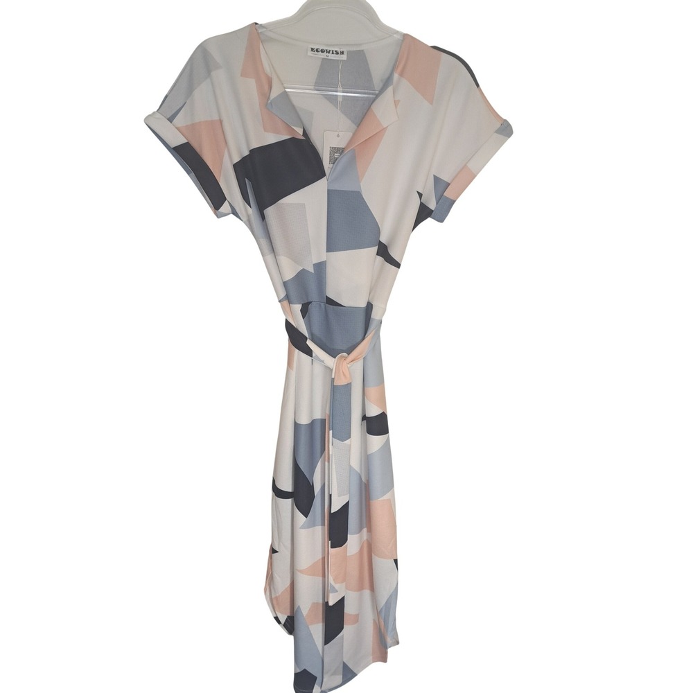 ECOWISH Geometric Colorblock Maxi Dress Womens M Pastels Belt Asymmetric Hem NWT